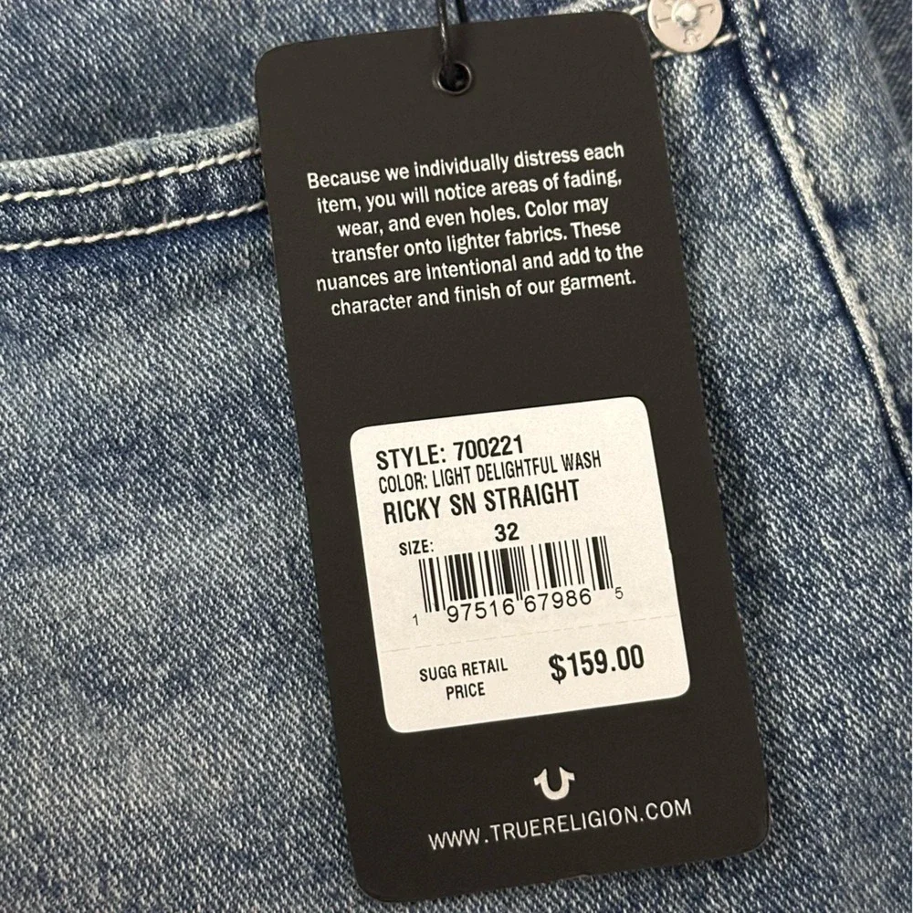 NEW TRUE RELIGION Ricky Straight Jean Light‎ Delightful Wash Relaxed Size 32 x34